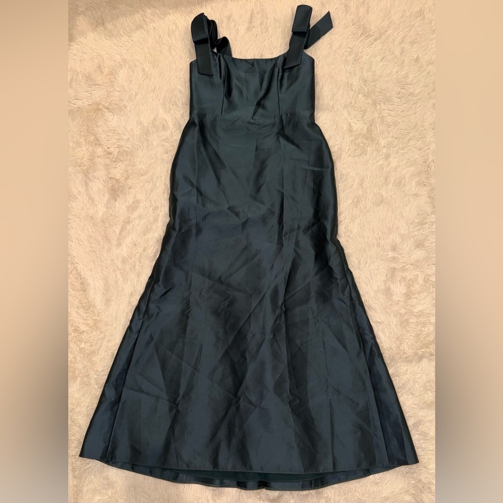 NEW Alfred Sung Bow Strap Satin Twill Trumpet Gown Sz 14 R evergreen green - Picture 2 of 6